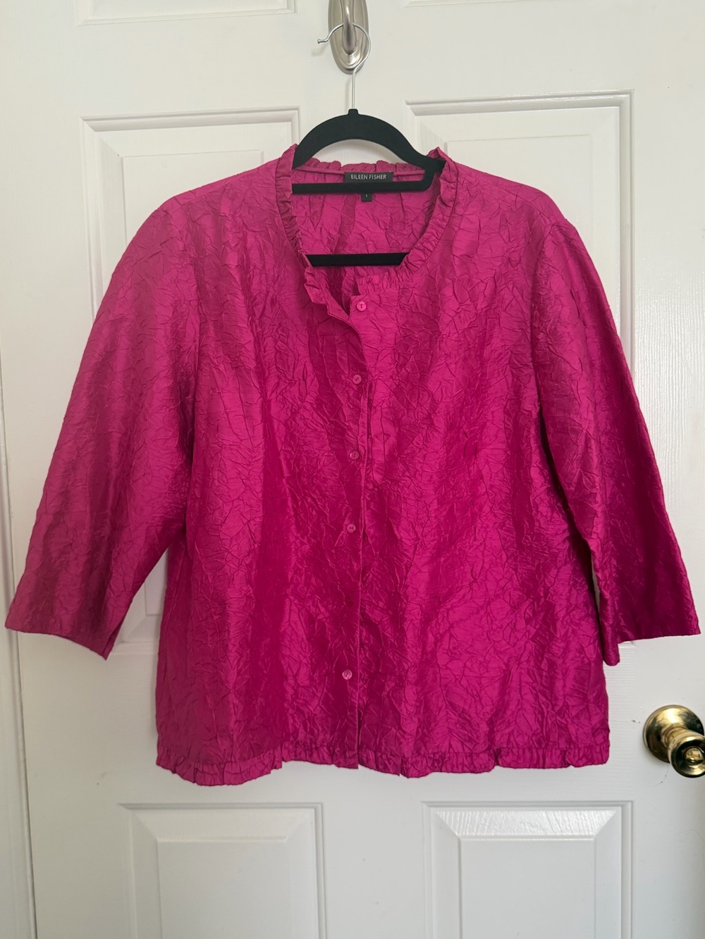 EILEEN FISHER Pink Fuchsia Crinkled Button-Front Silk Women's Top Size L